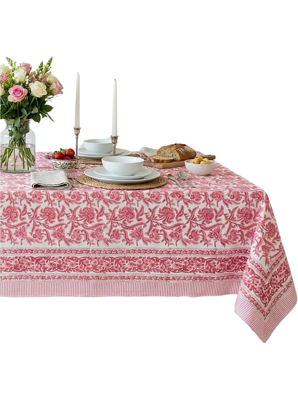 NEW Red Bloom 100% Cotton Tablecloth, Handblock Print Square. 36”x36”